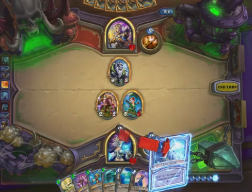 Direct damage or freeze spells are much better when you have minions to follow through with. Here we can frost bolt the giant and pressure face for free.