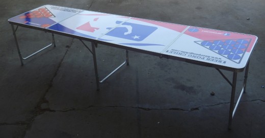 A red white and blue beer pong table