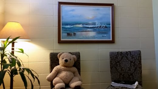 This is what the client sees from the couch!  This happens to be Dr. Ted Bear who has a stomach just like mine!