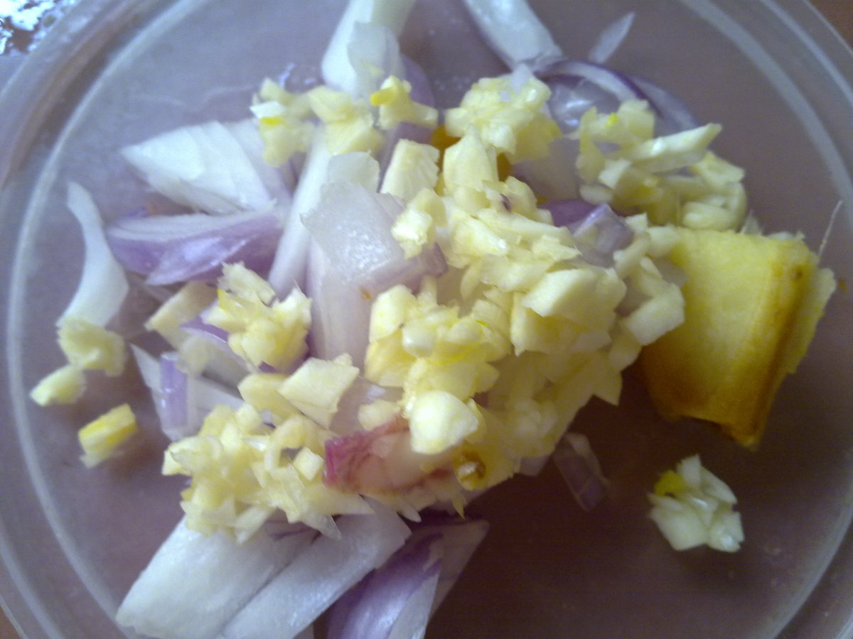 Saute chopped garlic, onions and strips of ginger 