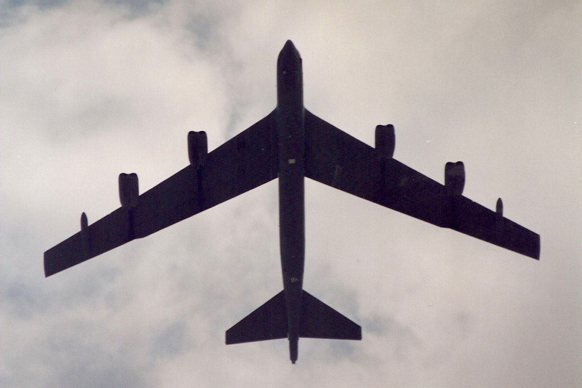 A B-52 Stratofortress over the Washington Mall.  B-52s flew 1,624 Desert Storm sorties and dropped 72,000 bombs, 29% of all U.S. bombs dropped. 
