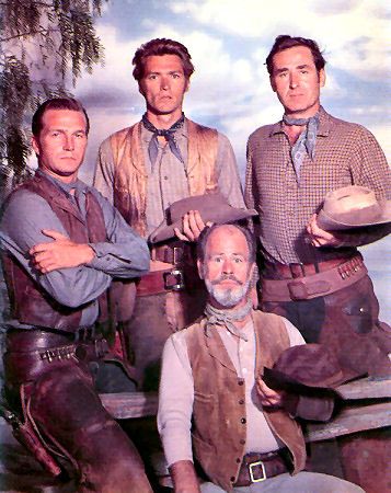 (From left), Eric Fleming, Clint Eastwood, Sheb Wooley, and Paul Brinegar.