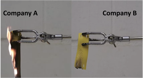 Label from company A starts to burn after just 10 seconds, while label from company B does not burn after 45 seconds constant exposure to the flame. 