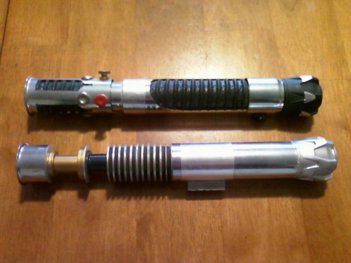 As part of my fan obsession I crafted two lightsaber hilts (with the help of my dad) out of plumbing parts. Obi Wan's (Ep1) and Luke's (Ep6).