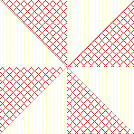 This simple pinwheel quilt block design is made of four half-square triangle sets grouped to depict motion. Print out this block for a 9-inch block pattern (seam allowance included)