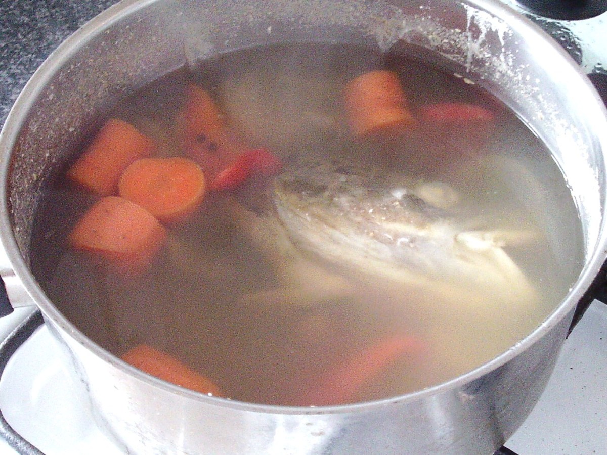 Cod fish stock is left to cool