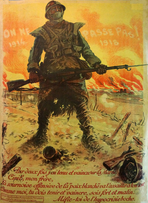 A French poster saying "They shall not pass" in reference to the outbreak of the war and the threat on French borders. Painted by Maurice Neumont