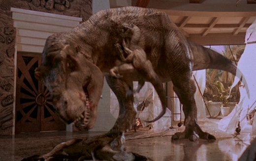 The T.Rex battles two Velociraptors in the film's climax.