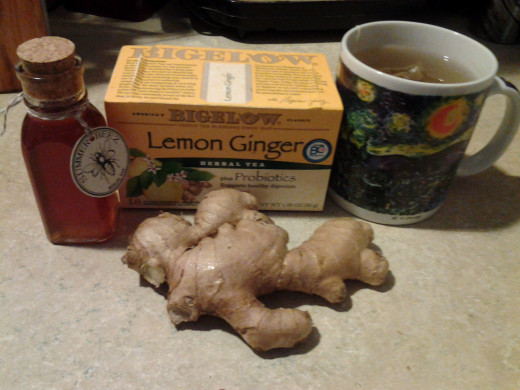 My favorite ingredients for recovering from a cold: lemon ginger tea, diced fresh ginseng root and raw honey.