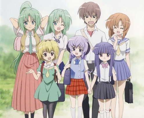 (From left to Right) Mion, Shion, Keiichi, Rena, Satoko, season 2 newcomer Hanyū , and Rika travel home after a long day at school.