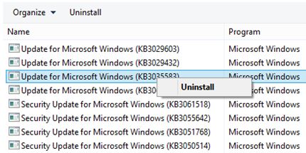 Right-click the the KB3035583 update and click Uninstall