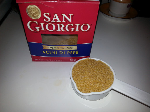 Then add 1/2 cup of Acini Di Pepe, Orzo, Pastina, or any other small pasta of your choice. Stir. 