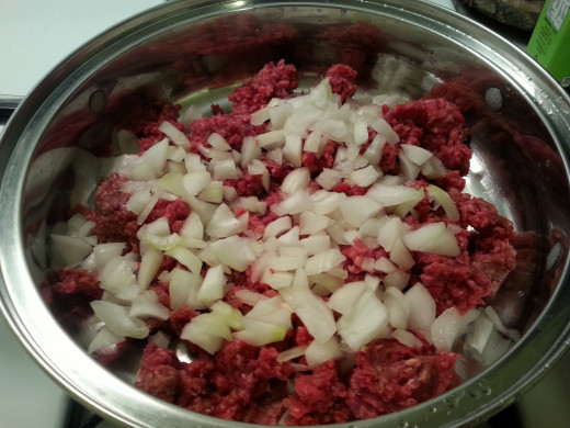 3. Brown a pound (or a little more) ground beef and the onion in a pan on medium high to high heat. Drain fat.