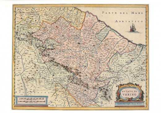 A map of the Duchy of Urbino dated second half of XVII century. The territory of the Duchy is represented in pink colour. 