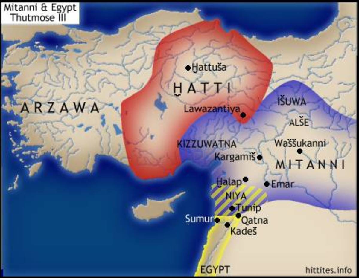 This map shows the locations of the Hittite Empire and Mitanni Civilizations at their heights.