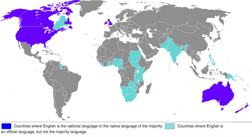 Countries where English is either the national language or an official language. 