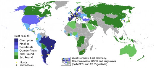 World map showing countries' best results (colours as shown) and host countries (yellow dots) of the FIFA World Cup. The inset map at the lower left shows former countries.
