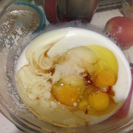 The buttermilk, vegetable oil, eggs, sugar, and vanilla extract.