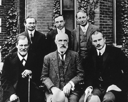 1909 gathering of some of the first psychologists. Front row: Sigmund Freud, G. Stanley Hall (first President of APA), Carl Jung; Back row: Abraham A. Brill, Ernest Jones, and Sándor Ferenczi. 