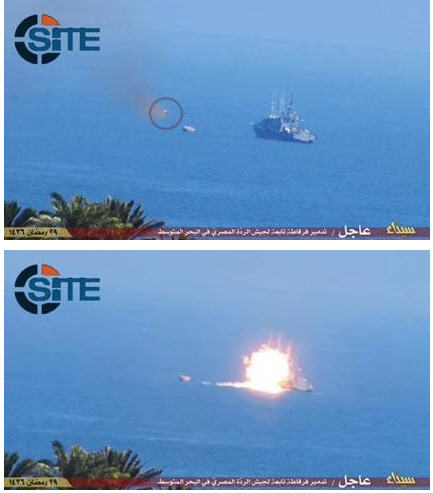 The top photo shows the missile in flight and the impact.