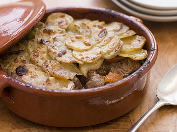 Lancashire hotpot made traditionally from lamb or mutton and onion, topped with sliced potatoes, left to bake in the oven all day in a heavy pot and on a low heat. 