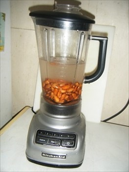 Soaked almonds and fresh water in blender.