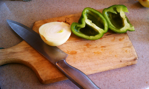 Chop up some onion and green pepper.