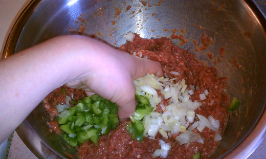 Add the onion and green pepper you chopped at the beginning.