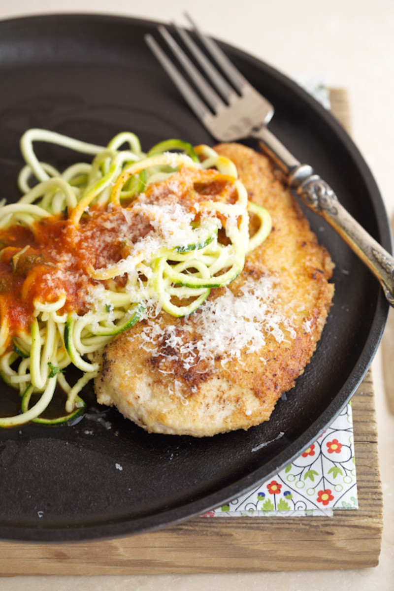 Chicken Parmesan with zucchini noodles.