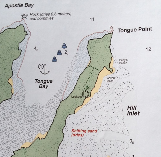There are several public buoys available in Tongue Bay, which is also a safe anchorage.