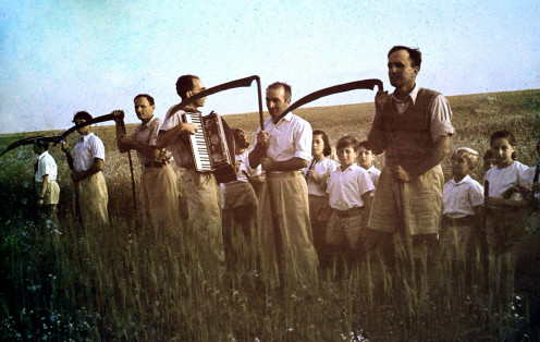 Members with scythes at harvest of the Omer.