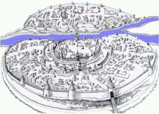 Holmgard divided by the River Volkhov - the prince's stronghold is across the river from the merchants' quarter 