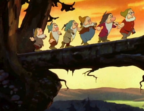Dwarfs singing 'Heigh Ho ..."