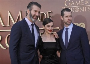 David Benioff and D. B. Weiss with Game of Thrones star Emilia Clarke