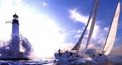 Two sailing yachts embrace the lighthouse's presence 