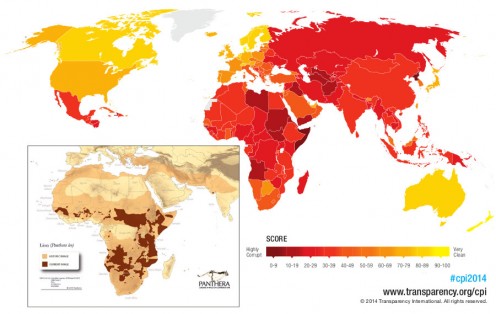 Side-by-side Comparison of maps showing lion range and corruption in Africa – range map by Panthera, corruption map by Transparency International 