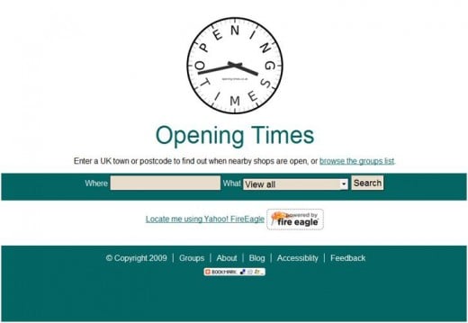 Screenshot of the opening-times.co.uk homepage on 17th June 2009.  
