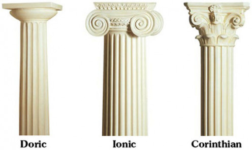 Doric, Ionic and Corinthian styles that have been emulated throughout the centuries. Examples include the Colisseum in Rome which features all three, the Fontana di Trevi features the Corinthian and the White house in Washington features the Ionic.