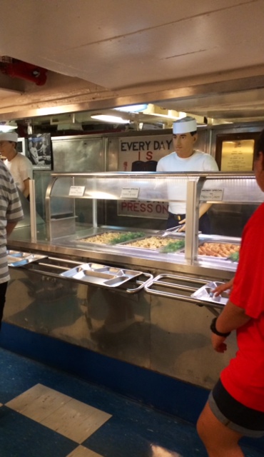 Kitchen or cafeteria scene on the USS Midway in San Diego, CA.  They have recreated it to let us see what it might have looked like, in action. 