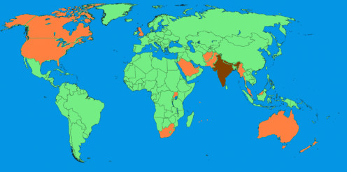 Countries where Hindi is spoken are highlighted in dark brown and orange. India is in dark brown.