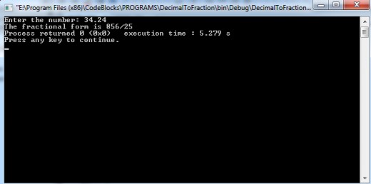 A sample output of DecimalToFraction