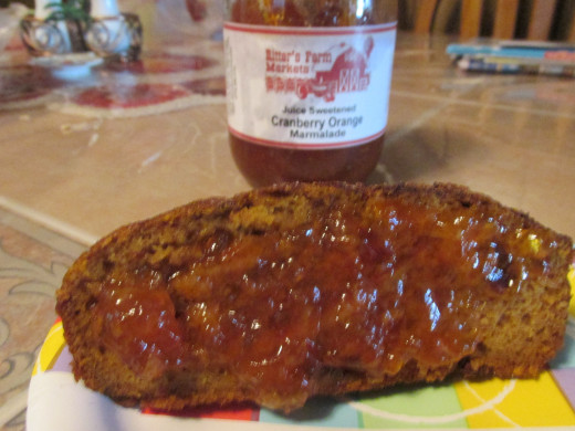 Pumpkin bread smothered with cranberry orange marmalade.