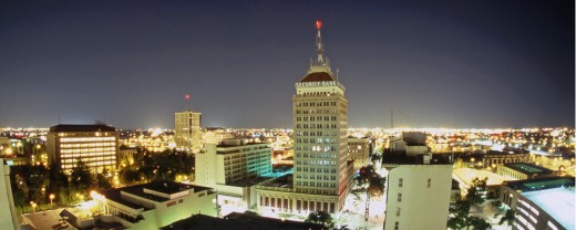 A view of the Fresno skyline at night is quite picturesque.