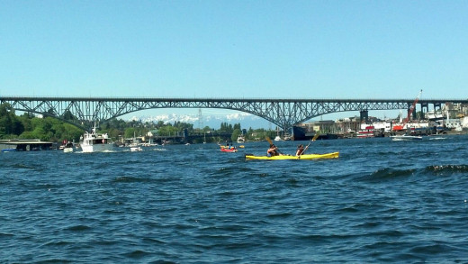 Kayaking Lake Union with the Olympic Mountain Range in the background