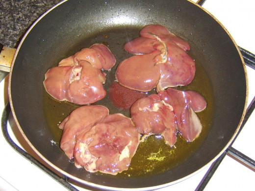 Chicken livers are shallow fried