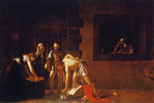 The beheading of St John the Baptist. Again Caravaggio uses his own features as John the Baptist.