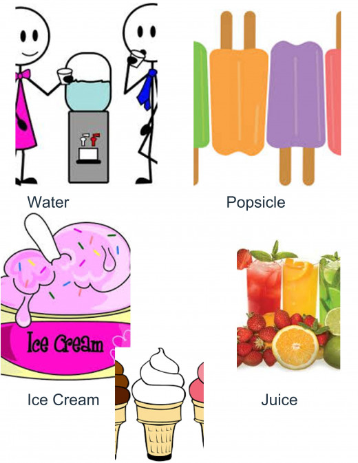Water, Popsicle, Ice Cream and Juice