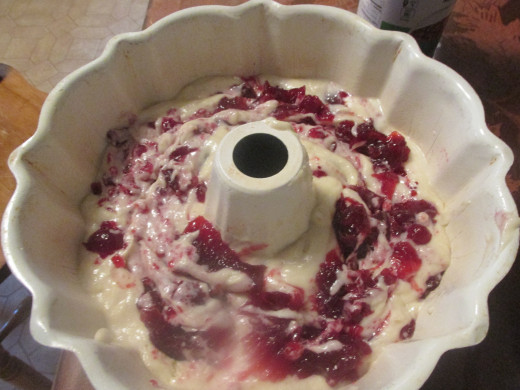 Batter with Cranberry sauce swirled through it.