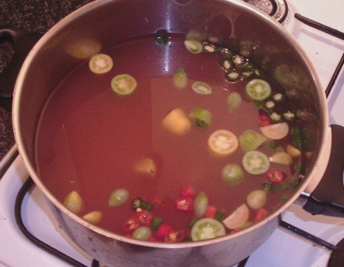 Tomatoes and chillies are added to beef stock