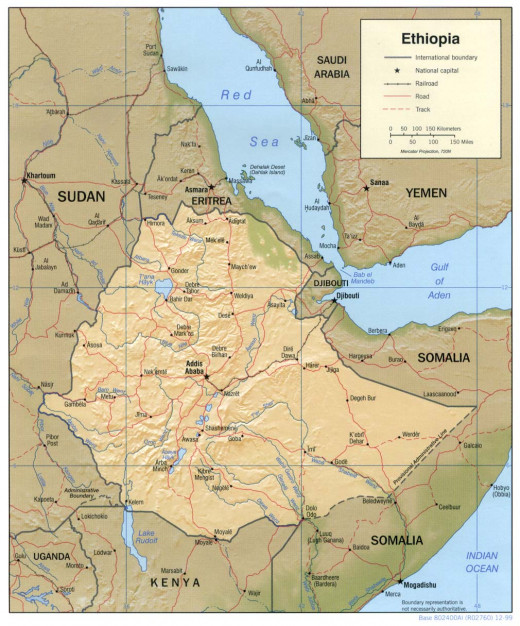 Map of Ethiopia showing neighbouring countries